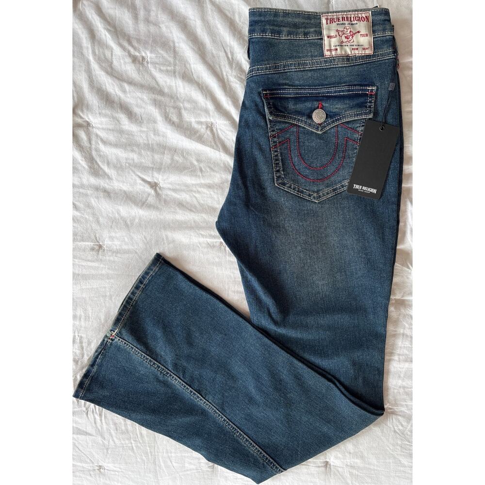NWT True Religion Jeans Size 30x32 Joey Low Rise Flap Flare Blue Red Stitch Y2K